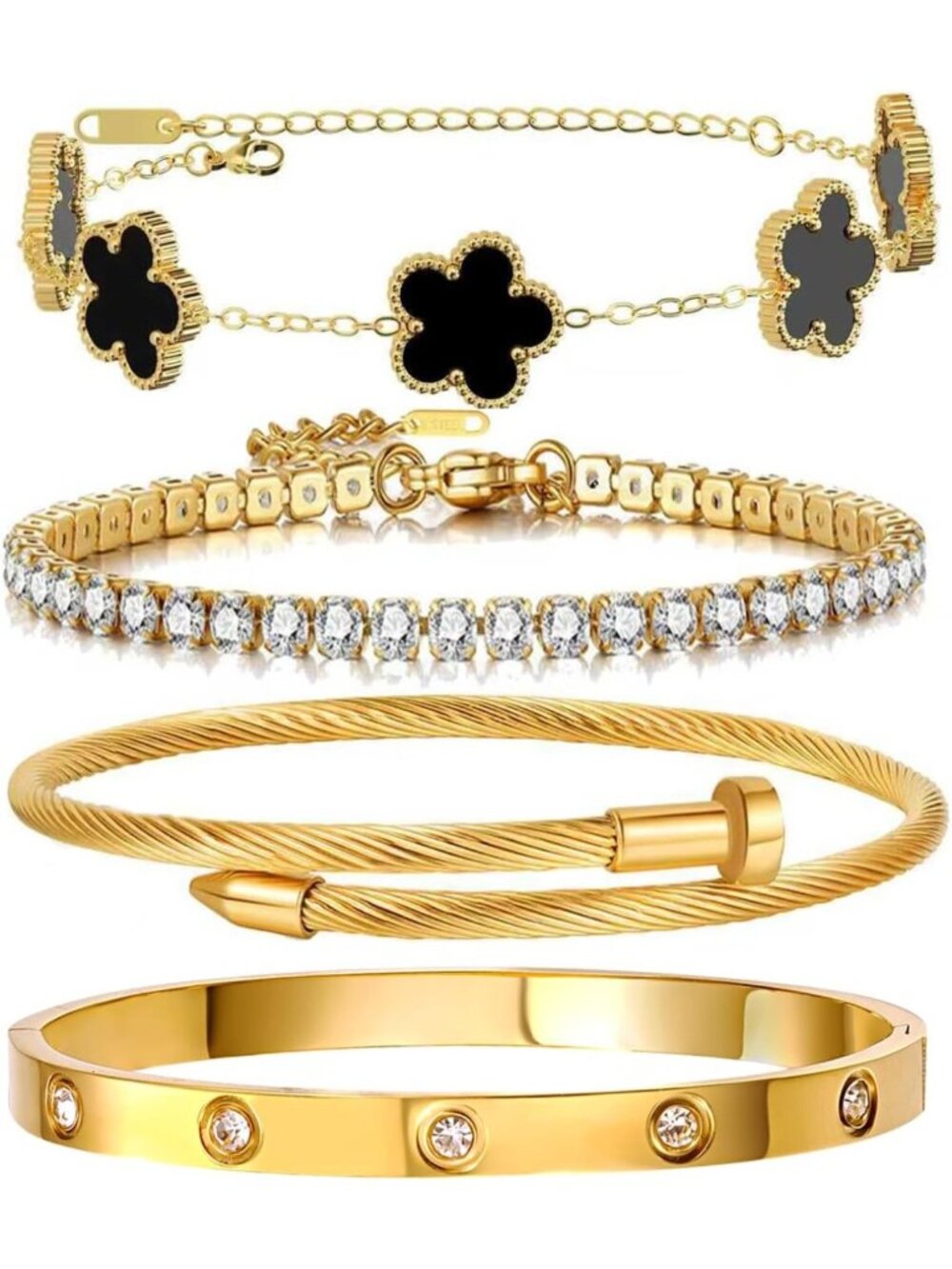 Trendy 18K Gold Plated Tennis Bracelets Set, Stackable Clover Nail Bangles, Gift